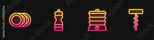 Set line Slow cooker, Plate, Pepper and Wine corkscrew. Glowing neon icon. Vector