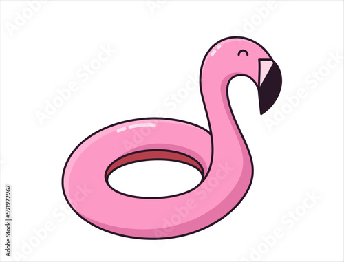 Inflatable swimming pool ring object with flamingo shape. Tropical summer bird buoy for vacations and water activities in swimming pool. Rubber object isolated. Vector doodle icon illustration