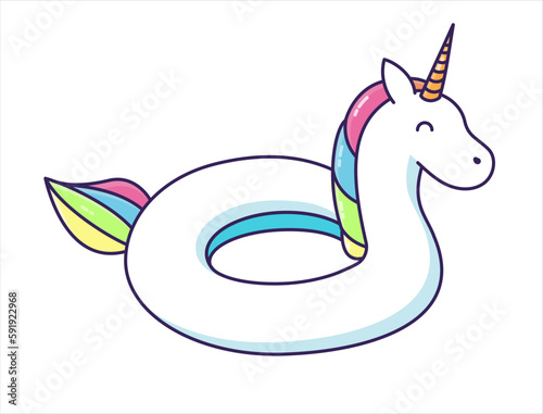 Inflatable swimming pool ring object with cute Unicorn shape. Tropical summer magical fairytale rainbow horse buoy for. Rubber object isolated. Vector doodle icon illustration