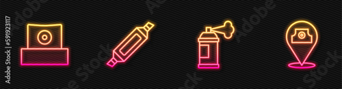 Set line Paint spray can, Spray nozzle cap, Marker pen and . Glowing neon icon. Vector
