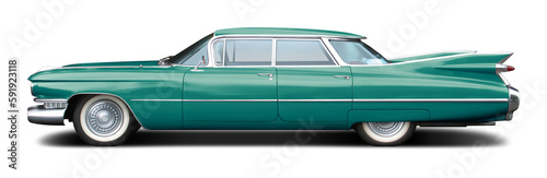 Large American retro sedan in blue green color isolated on white background.