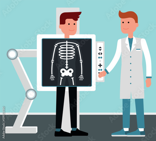 Male doctor do medical examination and consulting patient during chest x ray procedure. Man doctor examining body by x-ray machine scanning. Vector flat style cartoon illustration