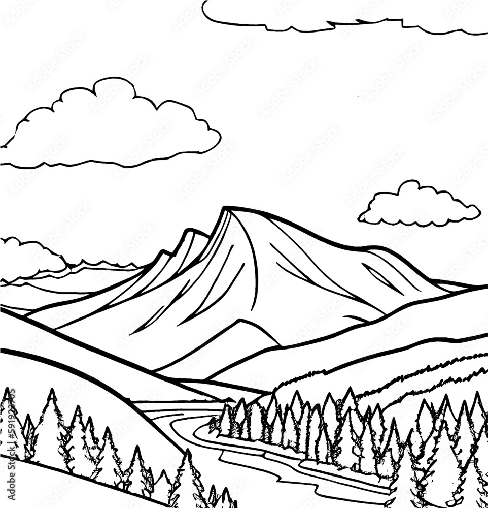 Fototapeta premium Coloring page of mountain landscape