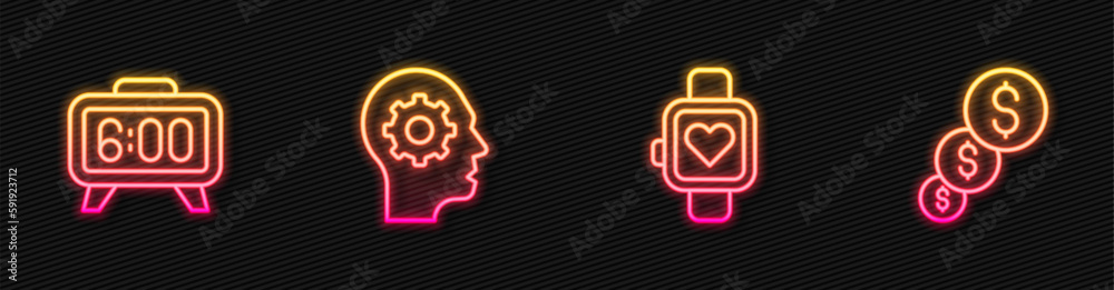 Set line Smart watch, Digital alarm clock, Human head with gear inside and Financial growth and dollar. Glowing neon icon. Vector Set line Smart watch, Digital alarm clock, Human head with gear inside and Financial growth and dollar. Glowing neon icon. Vector