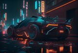 futuristic neon car with night city background, digital illustration. Generative AI
