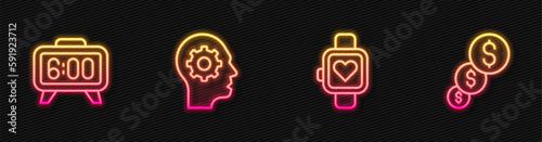 Set line Smart watch, Digital alarm clock, Human head with gear inside and Financial growth and dollar. Glowing neon icon. Vector