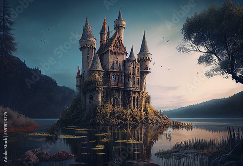 Enchanting magical fantasy fairytale castle. Fantasy background, digital art, generative ai