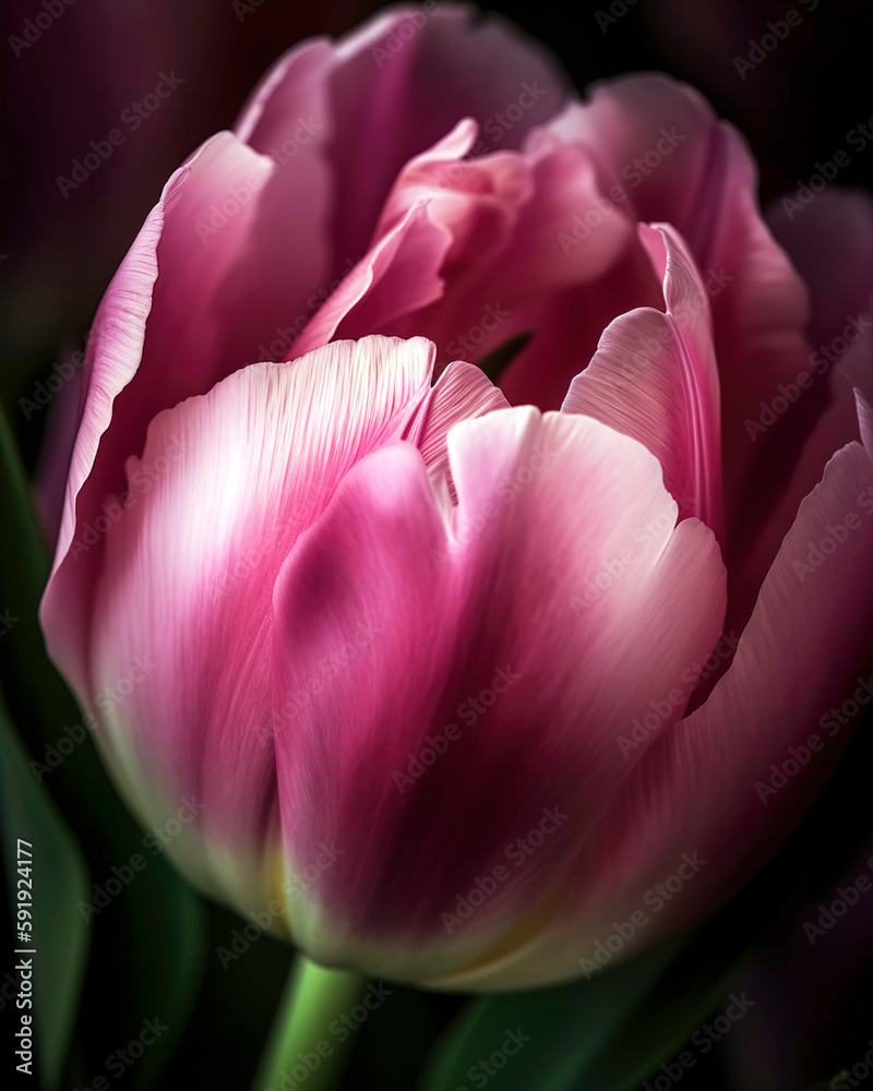 Close-up of a vibrant, pink tulip flower, with soft, velvety petals gently curling outward, revealing intricate details of the stamen and pistil inside.