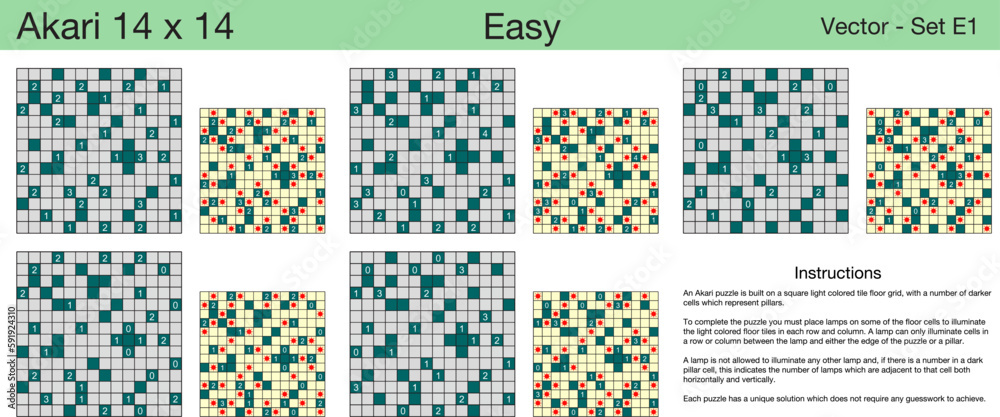 5 Easy Akari 14 x 14 Puzzles. A set of scalable puzzles for kids and ...
