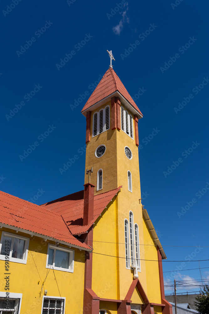 Our Lady of Mercy Church in Downtown Ushuaia, Patagonia, Argentina - January 28, 2023. Our Lady of Mercy Church is a  Catholic church built in 1898. 