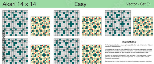 5 Easy Akari 14 x 14 Puzzles. A set of scalable puzzles for kids and adults, which are ready for web use or to be compiled into a standard or large print activity book.