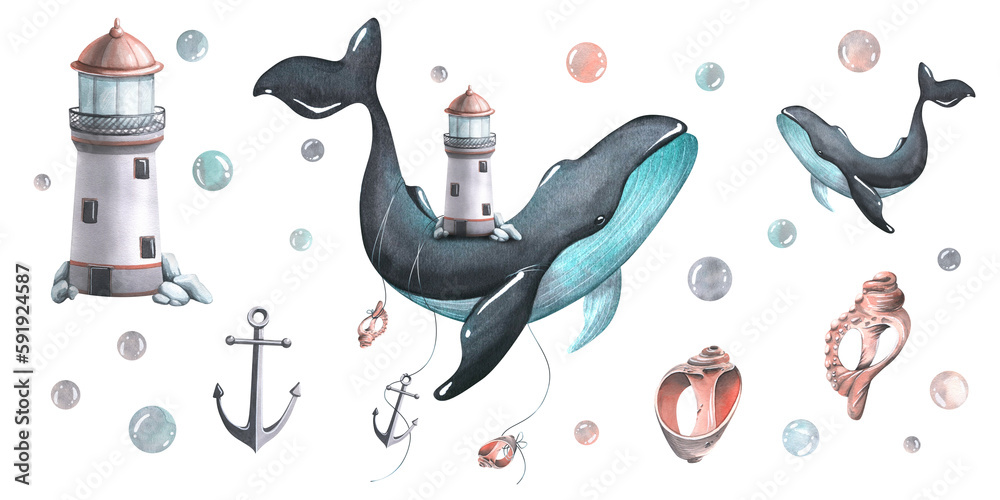 Fototapeta premium Whales with lighthouse, anchor, bubbles and shells. Watercolor illustration, hand drawn. Nautical set of isolated objects on a white background. For the beach, summer, children's decor.