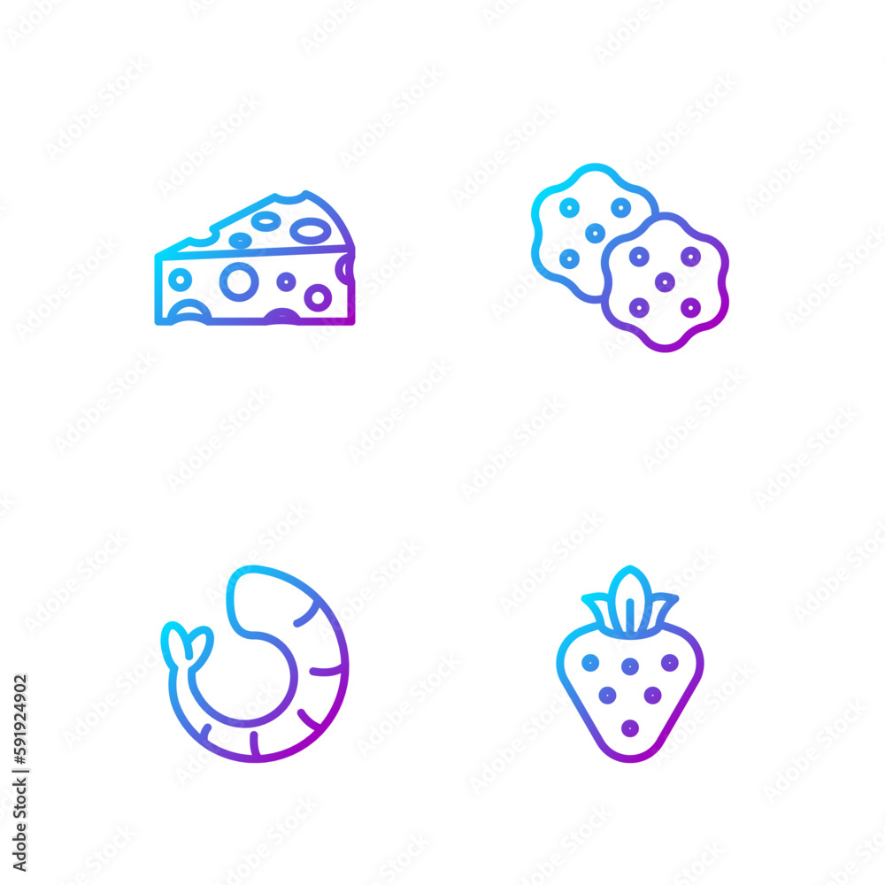 Set line Strawberry, Shrimp, Cheese and Cracker biscuit. Gradient color icons. Vector
