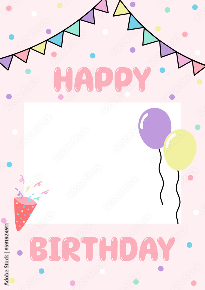 Birthday greeting card frame with balloons and confetti on polka dot pink background. Vector illustration. Birthday greeting card frame with balloons and confetti on polka dot pink background. Vector illustration.
