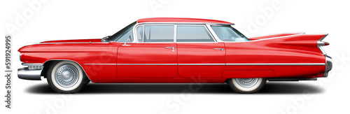 Large American retro sedan in red color isolated on white background.