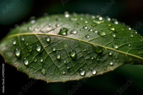 Close-up of raindrops on the surface of a bright green, newly sprouted leaf, the water droplets magnifying the intricate veins and textures of the leaf.