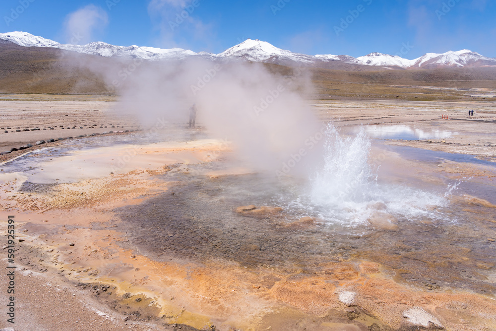 One of  the active geysers in El Tatio, Chile. El Tatio is a geothermal field with many geysers near the town of San Pedro de Atacama in the Andes Mountains of northern Chile.