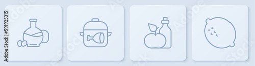 Set line Bottle of olive oil, Apple cider vinegar in bottle, Cooking pot and chicken leg and Lemon. White square button. Vector
