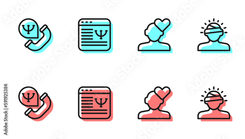 Set line Broken heart or divorce, Online psychological counseling, and Concussion, headache icon. Vector