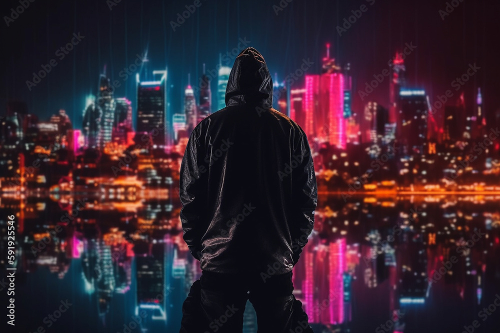 Fototapeta premium Illustration of a man silhouetted against a vibrant cityscape at night, featuring skyscrapers and neon lights. Ai generated