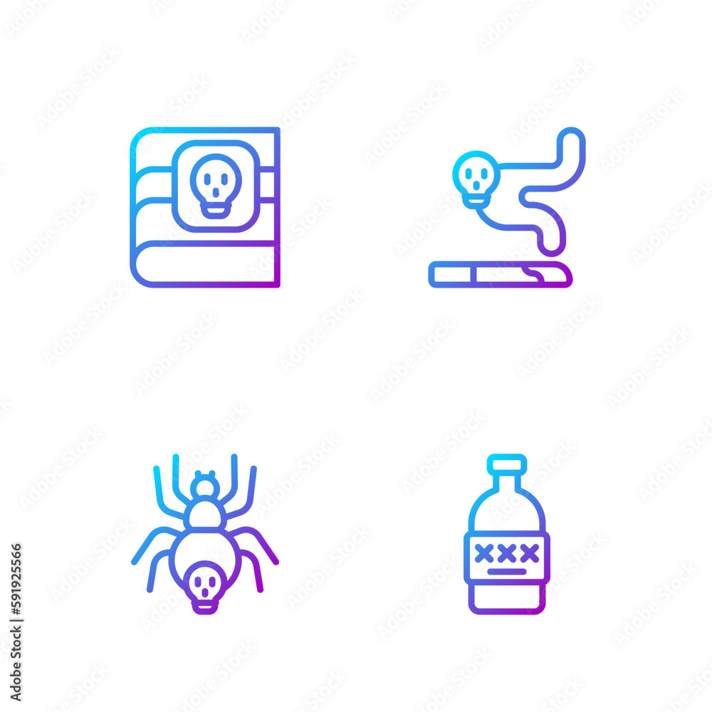 Fototapeta premium Set line Poisoned alcohol, Poisonous spider, Book about poisons and Cigarette. Gradient color icons. Vector