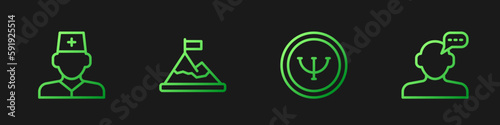 Set line Psychology, Male doctor, Mountains with flag on top and Online psychological counseling. Gradient color icons. Vector