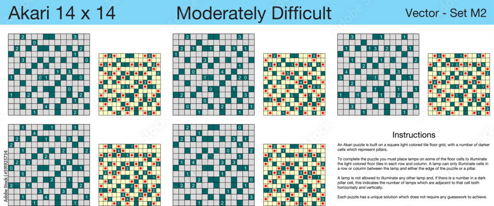 5 Moderately Difficult Akari 14 x 14 Puzzles. A set of scalable puzzles for kids and adults, which are ready for web use or to be compiled into a standard or large print activity book.