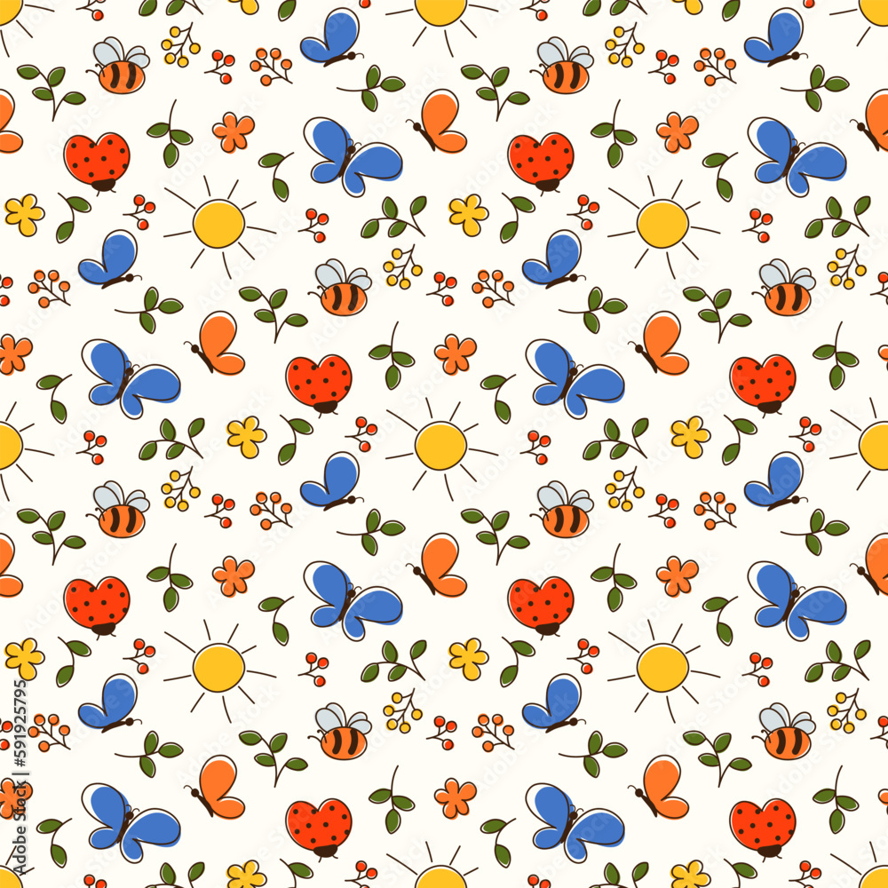 seamless pattern with flowers and insects 