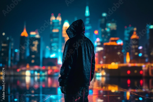 Illustration of a man silhouetted against a vibrant cityscape at night, featuring skyscrapers and neon lights. Ai generated © twindesigner