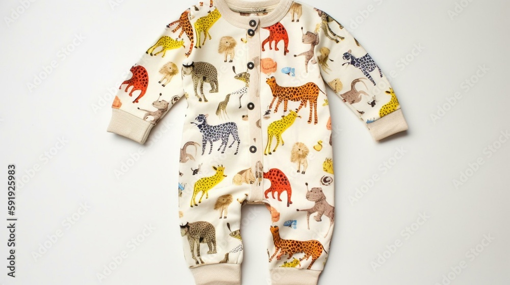A playful jumpsuit covered in cartoon zoo animals Generative AI