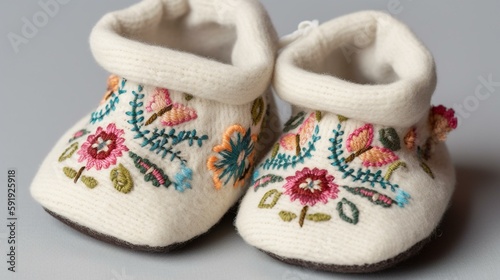 A pair of baby booties with intricate floral embroidery Generative AI