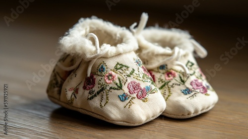 A pair of baby booties with intricate floral embroidery Generative AI