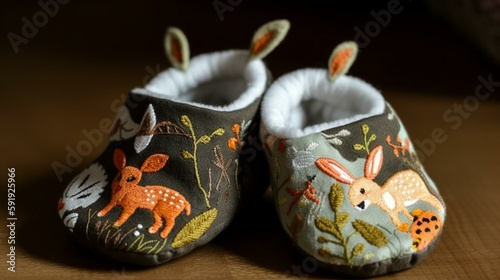 A pair of baby booties with intricate forest animals embroidery Generative AI