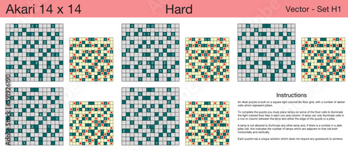 5 Hard Akari 14 x 14 Puzzles. A set of scalable puzzles for kids and adults, which are ready for web use or to be compiled into a standard or large print activity book.