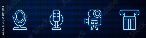 Set line Retro cinema camera, Round makeup mirror, Microphone and Ancient column. Glowing neon icon on brick wall. Vector