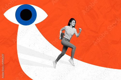 Collage portrait of big drawing eye watching mini black white effect running girl hold netbook isolated on orange background