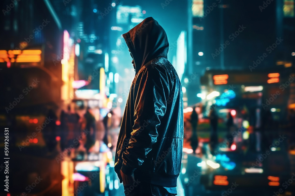 Naklejka premium Illustration of a man silhouetted against a vibrant cityscape at night, featuring skyscrapers and neon lights. Ai generated