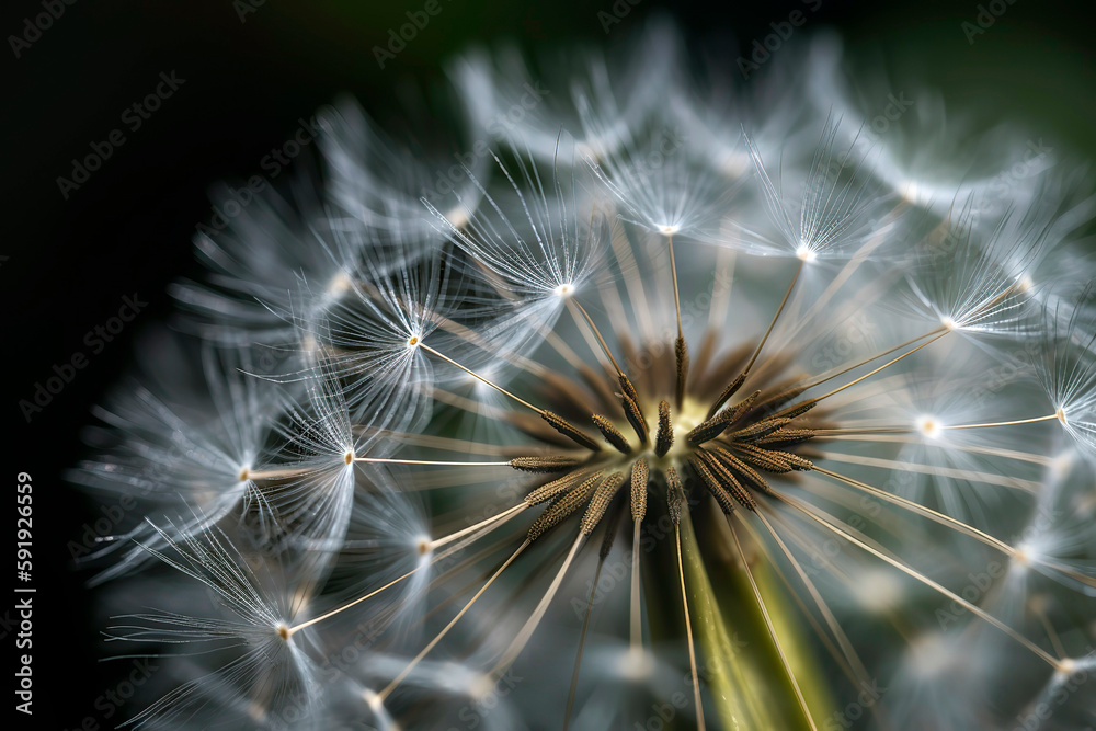 Obraz premium Close-up of a dandelion seed head, the intricate, delicate structure of the seeds poised to disperse on a gentle spring breeze.