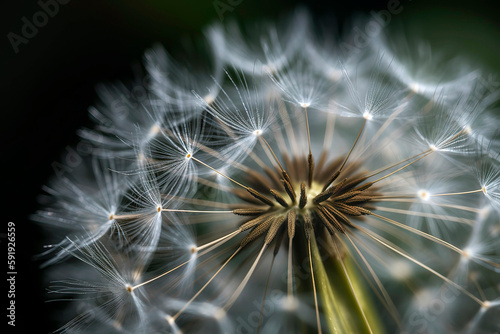 Close-up of a dandelion seed head, the intricate, delicate structure of the seeds poised to disperse on a gentle spring breeze. © Melipo-Art