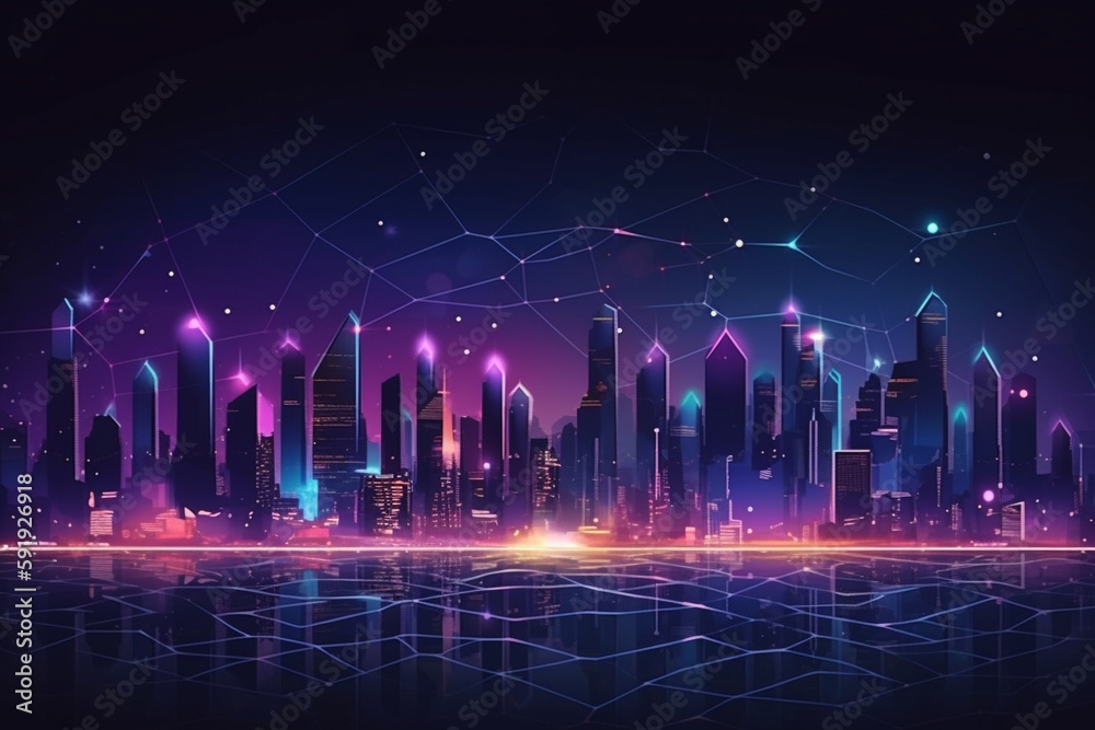 Futuristic city skyline with connected lines and dots, representing a city that is heavily focused on communication and connectivity. Ai generated