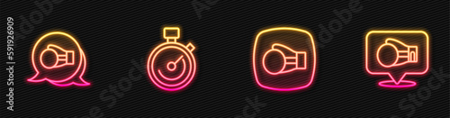 Set line Boxing glove, Stopwatch and . Glowing neon icon. Vector