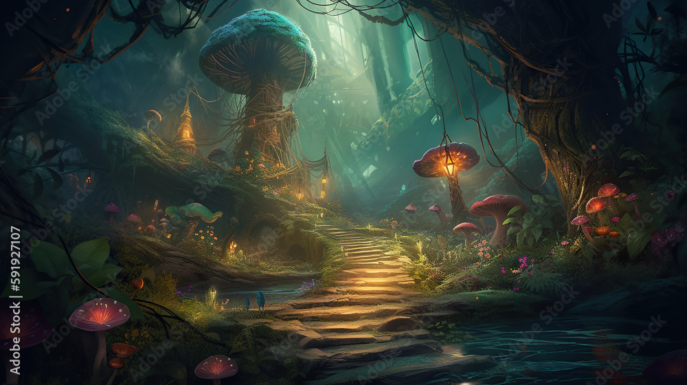 Mystical magic forest. Fantasy landscape. Generative AI