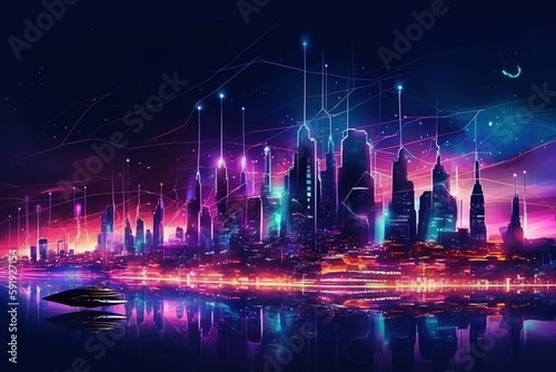 Futuristic city skyline with connected lines and dots, representing a city that is heavily focused on communication and connectivity. Ai generated