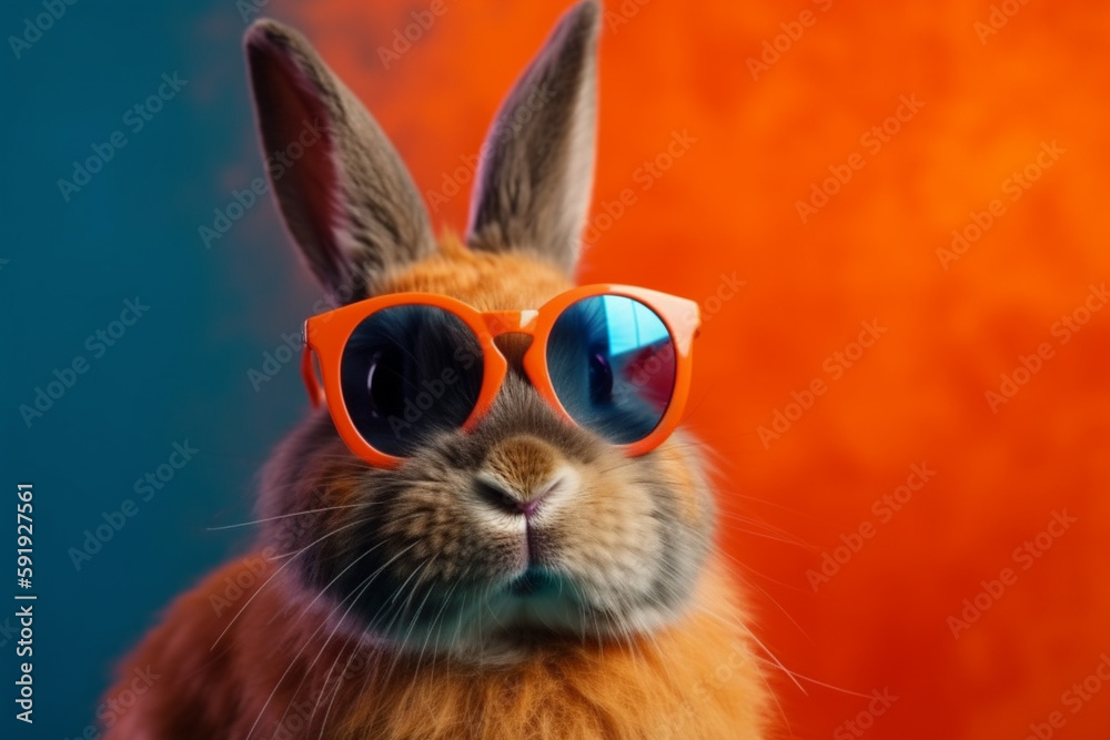 Cool rabbit wearing sunglasses and posing with a funny face against a vibrant and colorful backdrop, representing the humor and playfulness of the animal kingdom. Ai generated