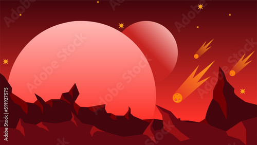 Science fiction landscape vector illustration. Red planet landscape space view. Crimson galaxy with moon and comet. Science fiction vector for background, wallpaper or illustration