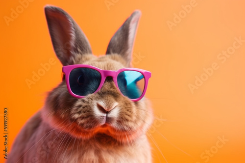 Cool rabbit wearing sunglasses and posing with a funny face against a vibrant and colorful backdrop, representing the humor and playfulness of the animal kingdom. Ai generated