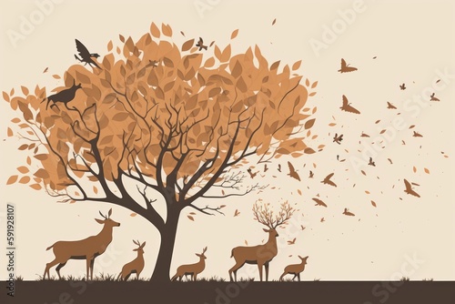 Brown trees with brown deers and turquoise background with flying birds. illustration wallpaper landscape art, Generative AI