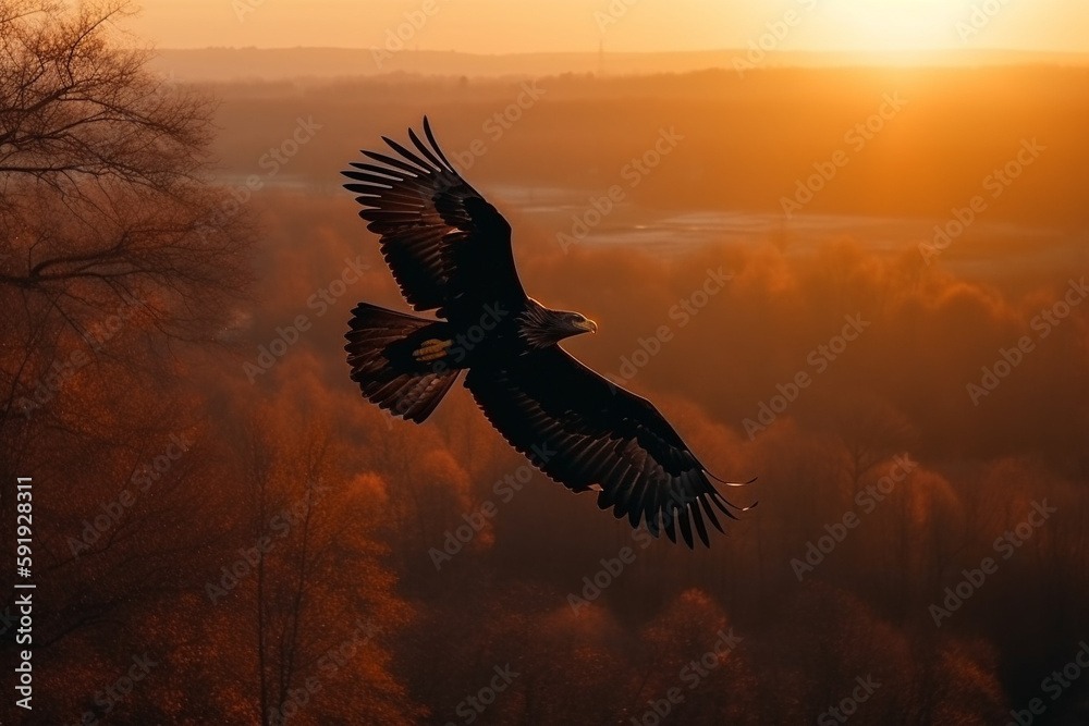 Obraz premium Eagle soaring with its wings spread wide against a warm sunset on the horizon, representing the freedom and greatness of the animal kingdom. Ai generated