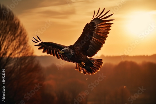 Eagle soaring with its wings spread wide against a warm sunset on the horizon, representing the freedom and greatness of the animal kingdom. Ai generated