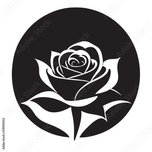 Rose in round frame stylized as a logo. Also good for tattoo. Editable vector monochrome image with high details isolated on white background